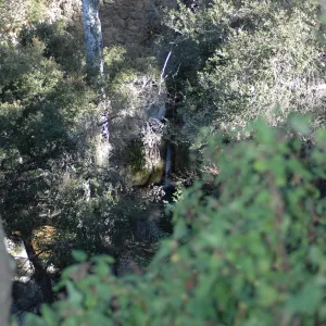 view from canyon rim down to Mission Dam and aqueduct