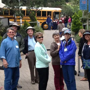 SBBG Docents, school tour arriving, Garden entrance