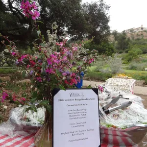 Volunteer Recognition event 2013, floral arrangement with wildflowers from the Garden, buffet table and menu