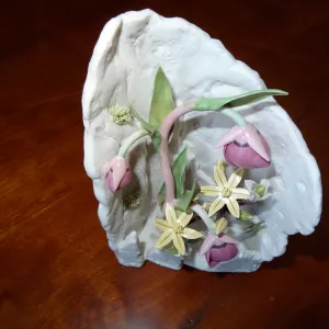 Pink Globe Lily and Golden Brodiaea, Patrick O'Hara porcelain sculpture, SBBG Blaksley Library Special Collections, Art