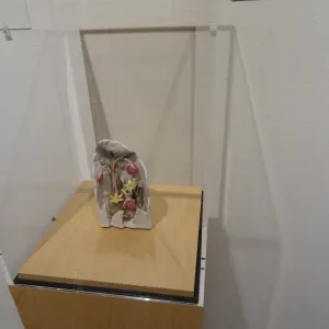 Pink Globe Lily and Golden Brodiaea, porcelain sculpture, Patrick O'Hara exhibit at the Wildling Art Museum, SBBG Blaksley Library Special Collections, Art