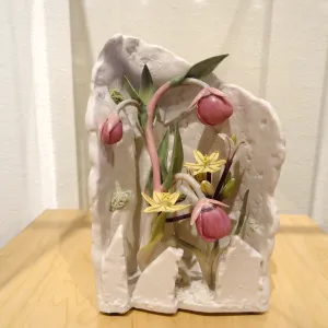 Pink Globe Lily and Golden Brodiaea, porcelain sculpture, Patrick O'Hara exhibit at the Wildling Art Museum, SBBG Blaksley Library Special Collections, Art