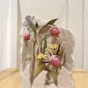 Pink Globe Lily and Golden Brodiaea, porcelain sculpture, Patrick O'Hara exhibit at the Wildling Art Museum, SBBG Blaksley Library Special Collections, Art