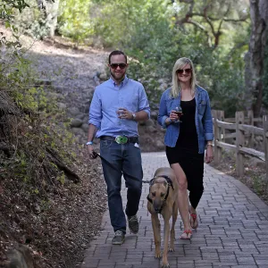 Santa Barbara Beer Garden Event, Sean and Vic Lewis, dog on leash