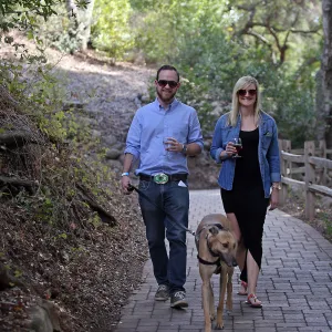 Santa Barbara Beer Garden Event, Sean and Vic Lewis, dog on leash