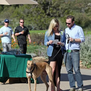 Santa Barbara Beer Garden Event, Sean and Victoria Lewis in foreground, Chris and Jess Parker in the background, dog on leash
