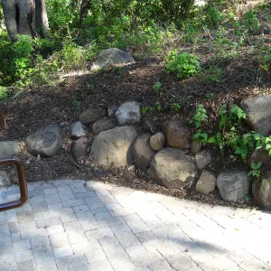 Reconstructed rock wall east side Campbell Bridge