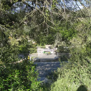 Looking over Mission Canyon Rd to the parking lot