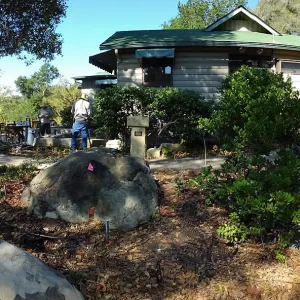 Home Demonstration Garden Renovation, view 9, panorama of east side of Cottage, first day of demolition work