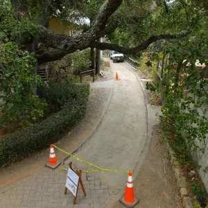 Home Demonstration Garden Renovation, looking south along path west of Herbarium, Herbarium Walkway After Demolition