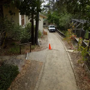 Home Demonstration Garden Renovation, view 33, looking south along path west of Herbarium, Herbarium Walkway After Demolition