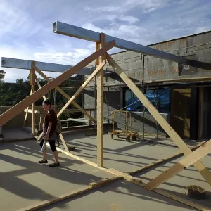 Pritzlaff Conservation Center Construction, looking northwest across deck, staff tour