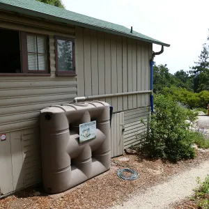 Home Demonstration Garden Renovation, rainwater collection system on west side of Cottage