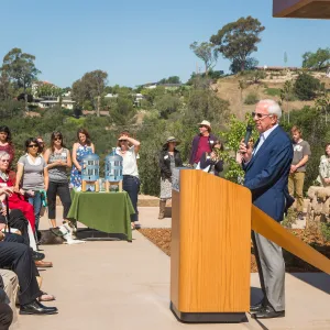 Pritzlaff Conservation Center Ribbon Cutting Celebration, Ed Birch speaking to guests