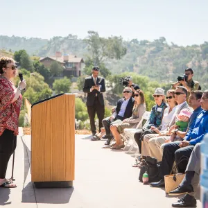 Pritzlaff Conservation Center Ribbon Cutting Celebration, Ann Symington speaking to guests