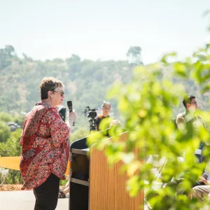 Pritzlaff Conservation Center Ribbon Cutting Celebration, Ann Symington speaking to guests