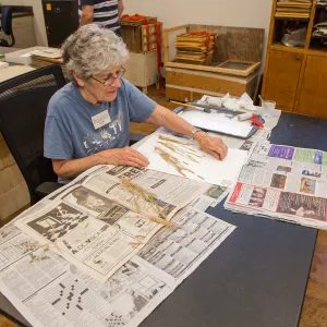 Pritzlaff Conservation Center Ribbon Cutting Celebration, Ky Easton demonstrating herbarium specimen mounting