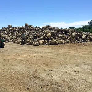 Rock pile at Gane House site, with Dave Kershaw