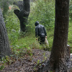 Tony Lee placing sandbags on Woodland Trail during rainstorm
