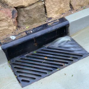 Rainwater entering a storm drain leading to the Pritzlaff Conservation Center bioswale