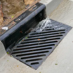 Rainwater entering a storm drain leading to the Pritzlaff Conservation Center bioswale