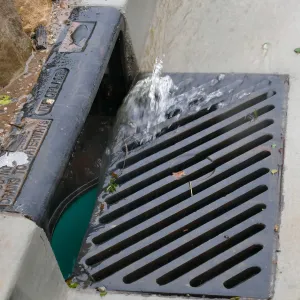Rainwater entering a storm drain leading to the Pritzlaff Conservation Center bioswale