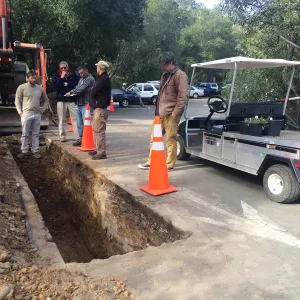 Utility trench at south end of main parking lot for power and data conduit to be installed in the Arroyo Section