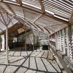 Garden Growers Lath House before start of repairs. Panarama of interior from northeast corner.