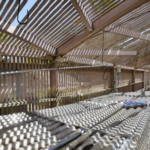 Garden Growers Lath House before start of repairs. Panorama of north wall from west wall.