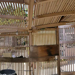 Garden Growers Lath House before start of repairs. Panorama from center of interior.