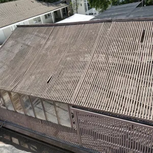 Garden Growers Lath House before start of repairs. Northeast side of roof.