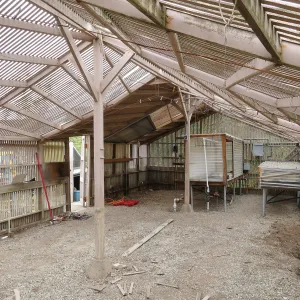 Garden Growers Lath House at start of repairs. Interior looking southwest from northeast corner.
