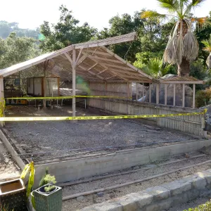 Garden Growers Lath House during repairs. looking northwest from Courtyard