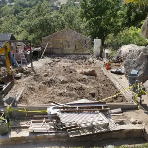 Garden Growers Lath House during repairs, looking west from Courtyard