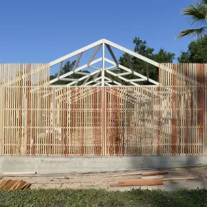 Garden Growers Lath House during repairs, looking west from Coutyard