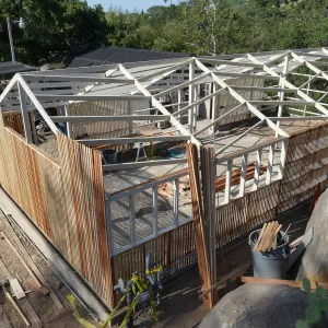 Garden Growers Lath House during repairs, looking southwest
