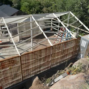 Garden Growers Lath House during repairs, looking southwest