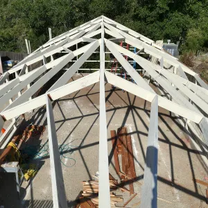 Garden Growers Lath House during repairs, looking west along roof peak