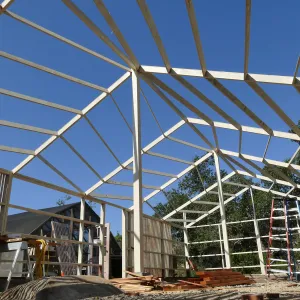 Garden Growers Lath House during repairs, looking southwest across interior