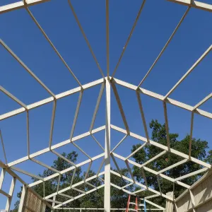Garden Growers Lath House during repairs, roof framing looking west from interior