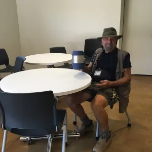 Geege enjoying the new Pritzlaff Conservation Center break room/kitchen