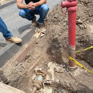 Fire Hydrant at corner of drive to upper parking and Hansen site