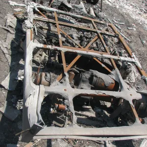 Burned Garden equipment at Gane House after Jesusita Fire