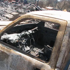 Burned Garden equipment at Gane House after Jesusita Fire