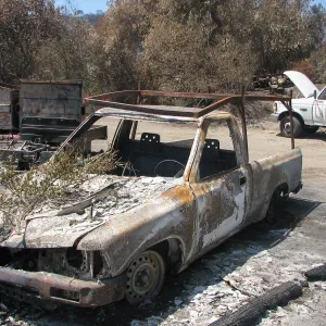 Burned Garden equipment at Gane House after Jesusita Fire