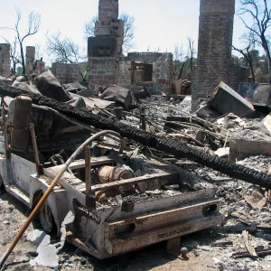 Burned Garden equipment at Gane House after Jesusita Fire