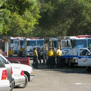 Fire crews in parking lot after Jesusita Fire