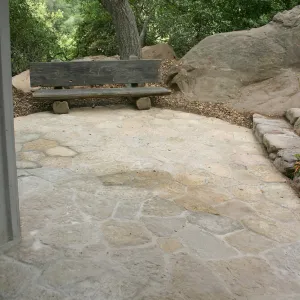 New stone paving at the Information Kiosk, Webb bench