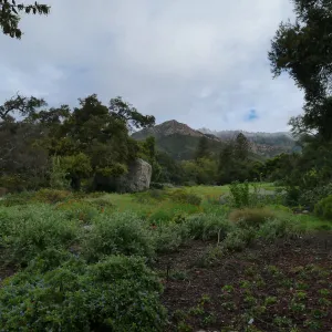 Entrance display with vista to snow-dusted Santa Ynez Mountains