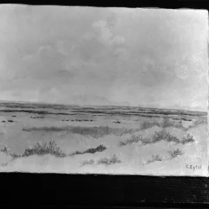 Black and white photograph of a painting of a desert landscape with the signature C Eytel taken against a door.